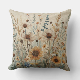 Neutral Beige Blue Brown Wildflower Print Throw Pillow