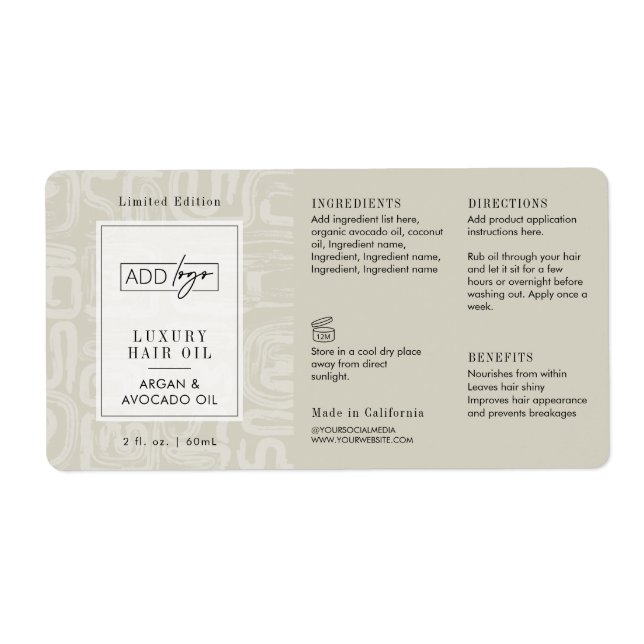 Neutral Beige Boho Pattern Logo 2OZ Dropper Bottle (Front)