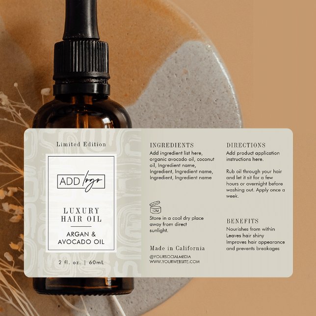 Neutral Beige Boho Pattern Logo 2OZ Dropper Bottle (Elegant cream and white tones custom logo cosmetic bottle wrap around label design )