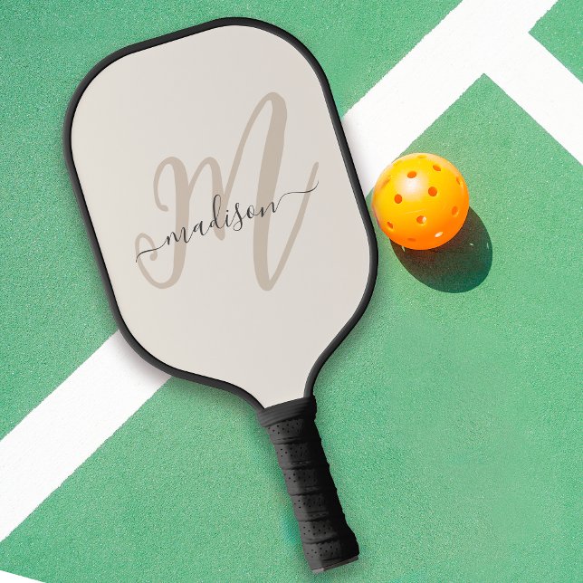 Neutral Beige Bold Script Monogram and Name Pickleball Paddle (Personalize with any name and monogram intial for a unique gift.)