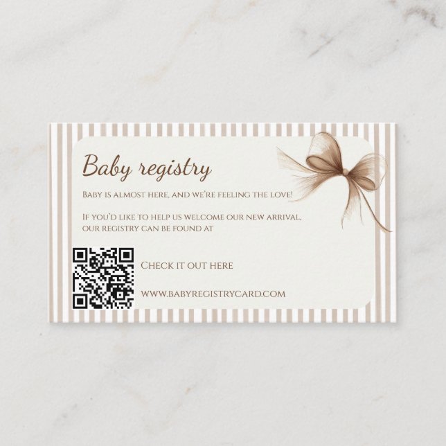 Neutral Beige Bow Baby Registry Card (Front)
