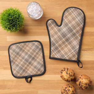 Neutral Beige Brown Tartan Plaid Gingham Pattern Oven Mitt & Pot Holder Set