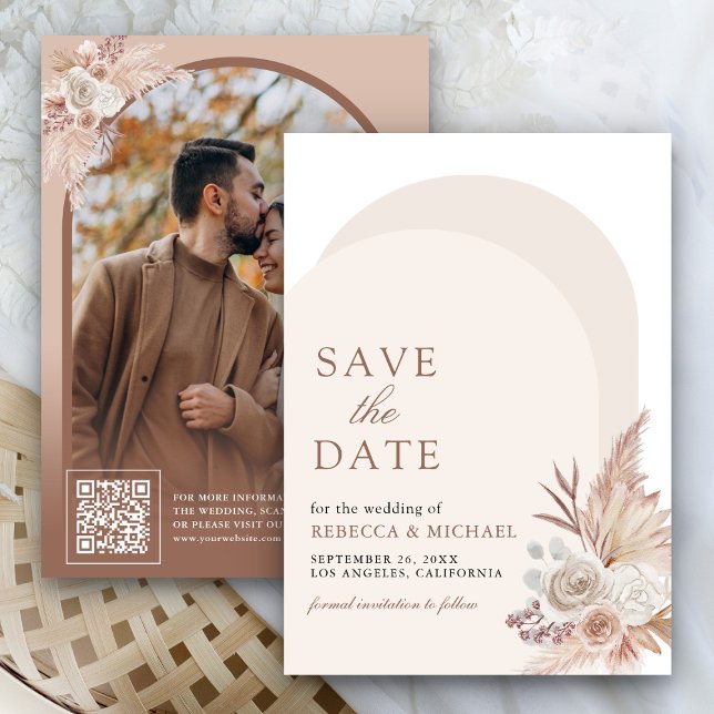 Neutral Beige Floral Pampas Arch Photo QR Code Save The Date (Creator Uploaded)