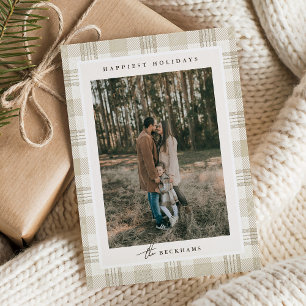 Neutral Beige Gingham Family Photo Christmas  Holiday Card