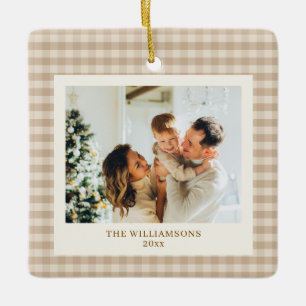 Neutral Beige Gingham Family Photo Personalized Ceramic Ornament
