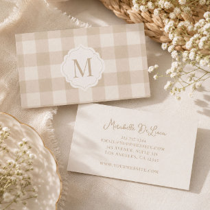 Neutral Beige Gingham Monogram  Business Card