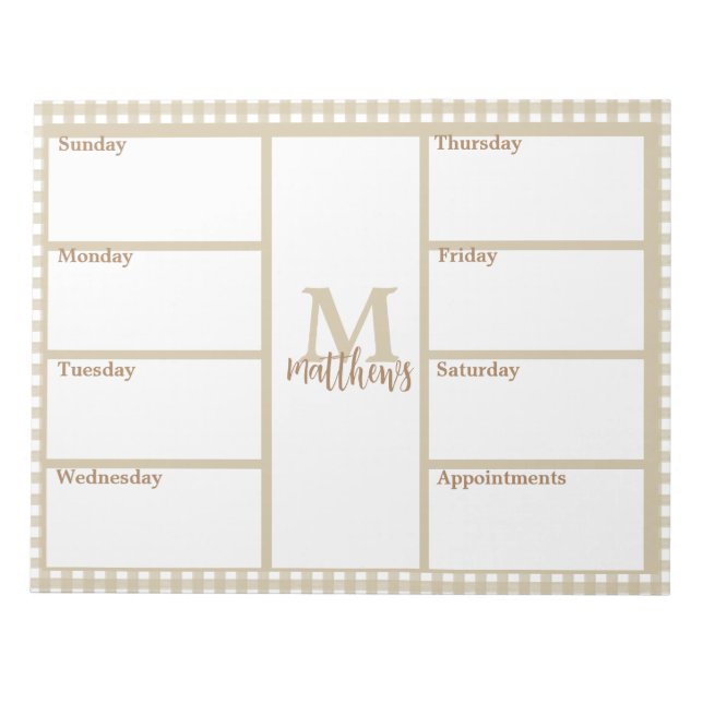 Neutral Beige Gingham Plaid Weekly Planner Notepad (Front)