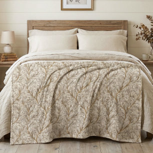 Neutral Beige Gold Botanical Leaf William Morris Fleece Blanket