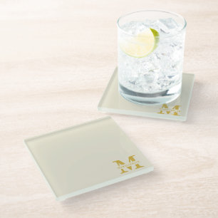 Neutral Beige Gold Monogram Glass Coaster