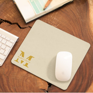 Neutral Beige Gold Monogram Mouse Pad