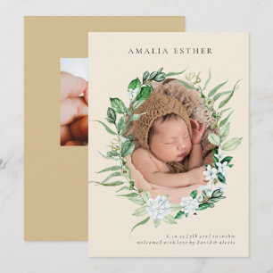 Neutral Beige Greenery Wreath Birth Announcement 