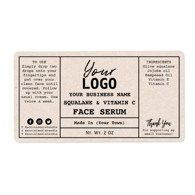 Neutral Beige Kraft Paper Serum Labels (Front)