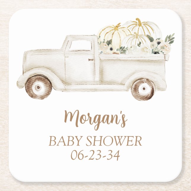 Neutral Beige Little Pumpkin Cute Baby Shower Square Paper Coaster (Front)
