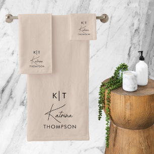 Neutral Beige Modern Signature Script Monogram Bath Towel Set