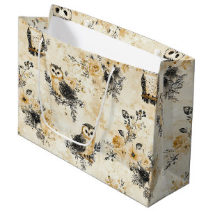 Neutral Beige Owl Floral Botanical Pattern Large Gift Bag