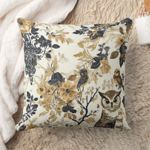 Neutral Beige Owl Floral Botanical Pattern Throw Pillow
