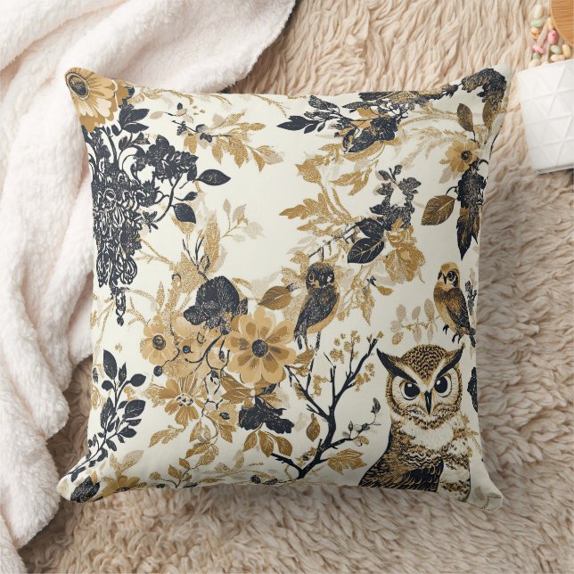 Neutral Beige Owl Floral Botanical Pattern Throw Pillow (Blanket)