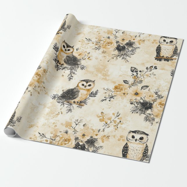 Neutral Beige Owl Floral Botanical Pattern Wrapping Paper (Unrolled)