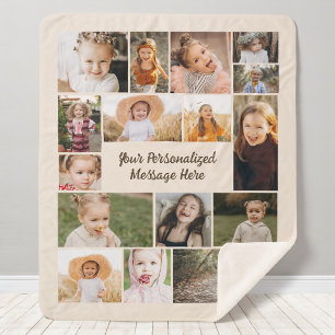 Neutral Beige Personalized 16 Photo Collage Sherpa Blanket