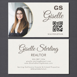 Neutral Beige Photo Monogram Realtor QR Code  Business Card