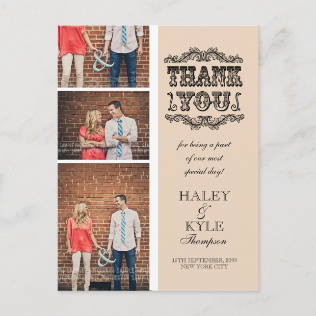 Neutral Beige Photo Wedding Thank You Post Card (Front)