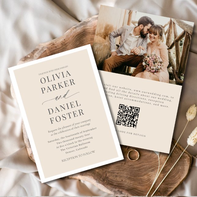 Neutral Beige QR Code Photo Minimalist Wedding Invitation (Creator Uploaded)