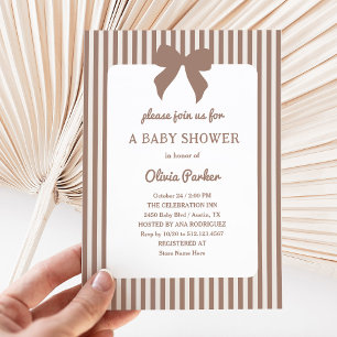 Neutral Beige Stripes and Trendy Bow   Baby Shower Invitation
