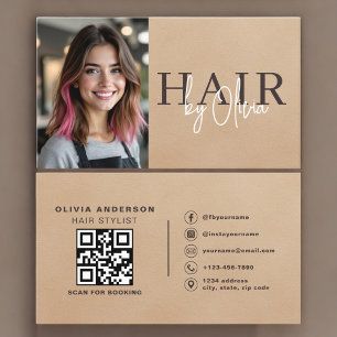 Neutral Beige Suede Hair Stylist Photo QR Code Business Card