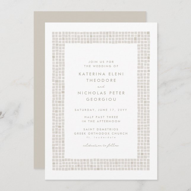 Neutral beige tile frame simple elegant wedding invitation (Front/Back)