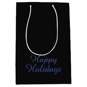 Neutral Black & Blue Plain Elegant Happy Holidays Medium Gift Bag