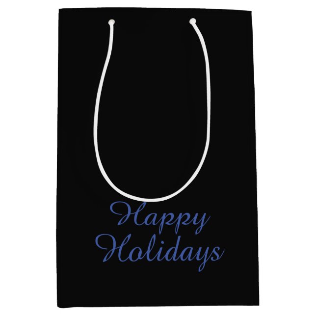 Neutral Black & Blue Plain Elegant Happy Holidays Medium Gift Bag (Front)