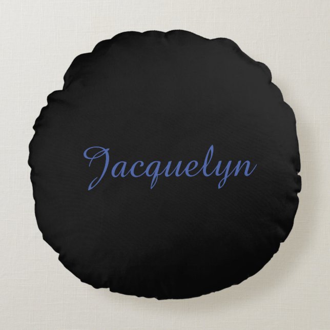 Neutral Black & Blue Plain Elegant Modern Own Name Round Pillow (Front)