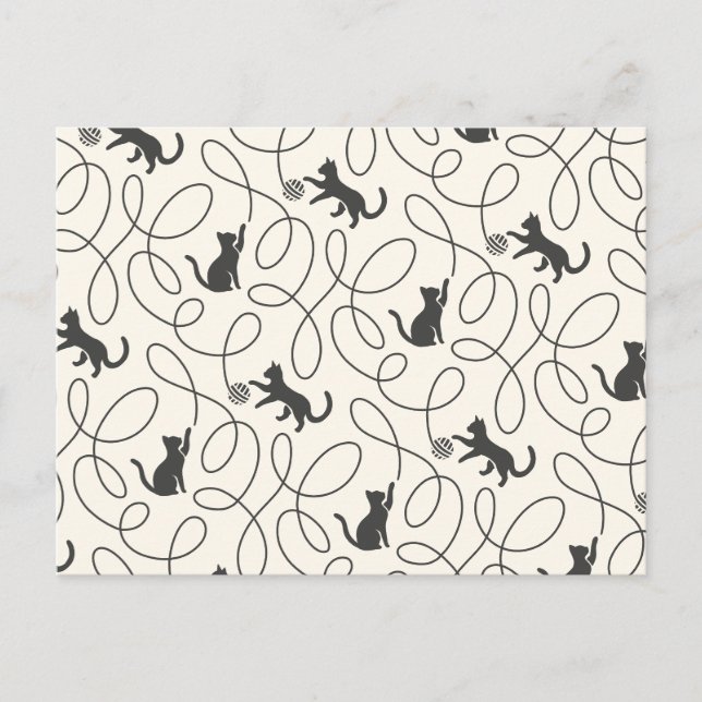 Neutral Black Cat and Yarn Ball Pattern Postcard (Front)
