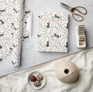 Neutral Black Cat and Yarn Ball Pattern Wrapping Paper