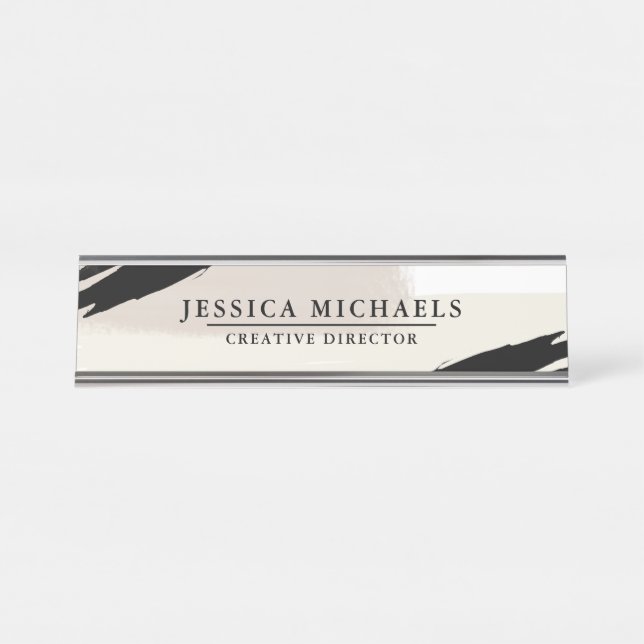 Neutral Black Modern Brush Strokes Desk Name Plate (Front)