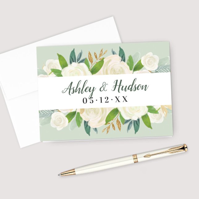 Neutral Blooms Green Floral Wedding Monogram Thank You Card (Creator Uploaded)
