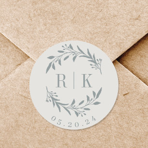 Neutral Blue Botanical Initials Wedding Monogram Classic Round Sticker