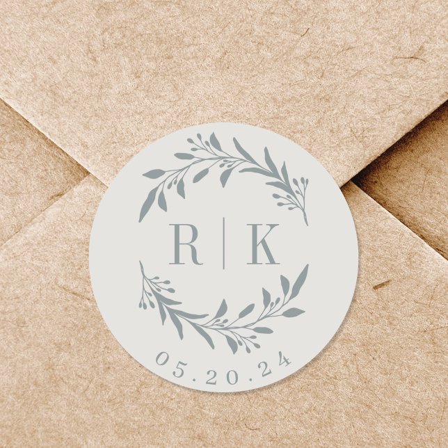 Neutral Blue Botanical Initials Wedding Monogram Classic Round Sticker (Creator Uploaded)