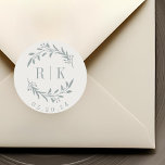 Neutral Blue Botanical Initials Wedding Monogram Classic Round Sticker<br><div class="desc">Custom-designed botanical wedding monogram stickers featuring elegant dusty blue wreath with couple's initials and wedding date on neutral white beige colour background. Perfect for wedding save the dates,  envelops,  wedding favour packagings and more.</div>