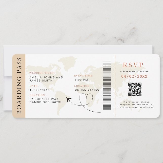 Neutral Boarding Pass Destination wedding QR code  Invitation (Front)