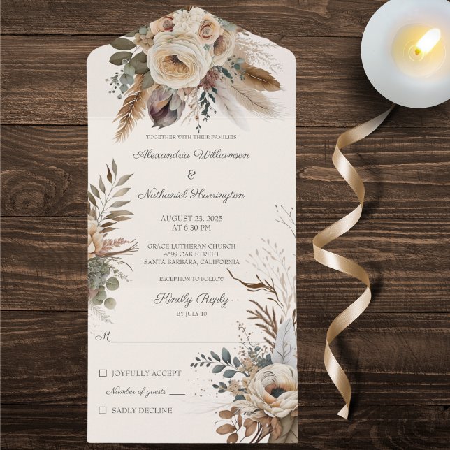 Neutral Bohemian Flowers & Feathers All In One Invitation (Also available with QR code or dinner options. )