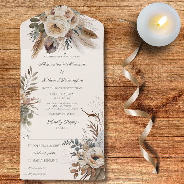 Neutral Bohemian Flowers & Feathers All In One Invitation (Available with QR code or without dinner options. )
