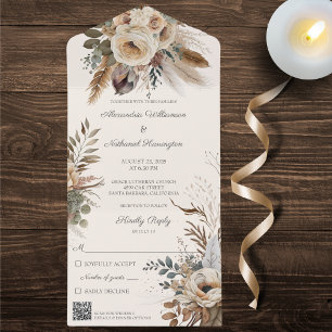 Neutral Bohemian Flowers & Feathers QR Code All In One Invitation