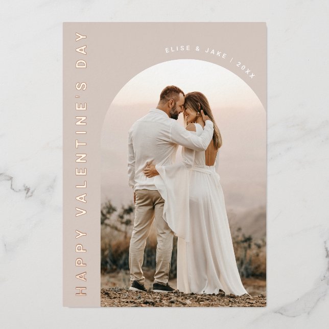 Neutral Boho Arch Valentines Photo Foil Holiday Card (Front)