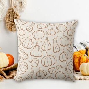 Neutral Boho Beige Pumpkin Pattern Fall Halloween Throw Pillow