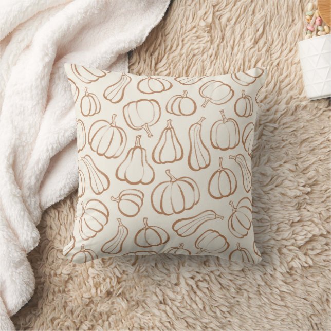Neutral Boho Beige Pumpkin Pattern Fall Halloween Throw Pillow (Blanket)