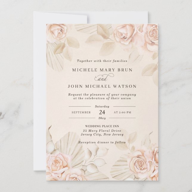 Neutral Boho Beige Tan Blush Roses Floral Wedding  Invitation (Front)