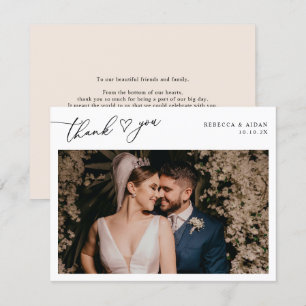Neutral Boho Blush Script Heart Wedding Photo Thank You Card