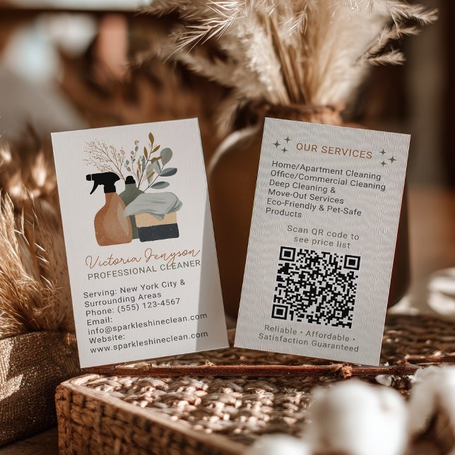 neutral Boho Cleaning Service Maid QR Code Business Card (neutral Boho Cleaning Service Maid QR Code Business Card)