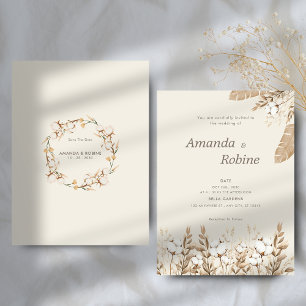 Neutral Boho Cotton Floral Wedding Invitation 